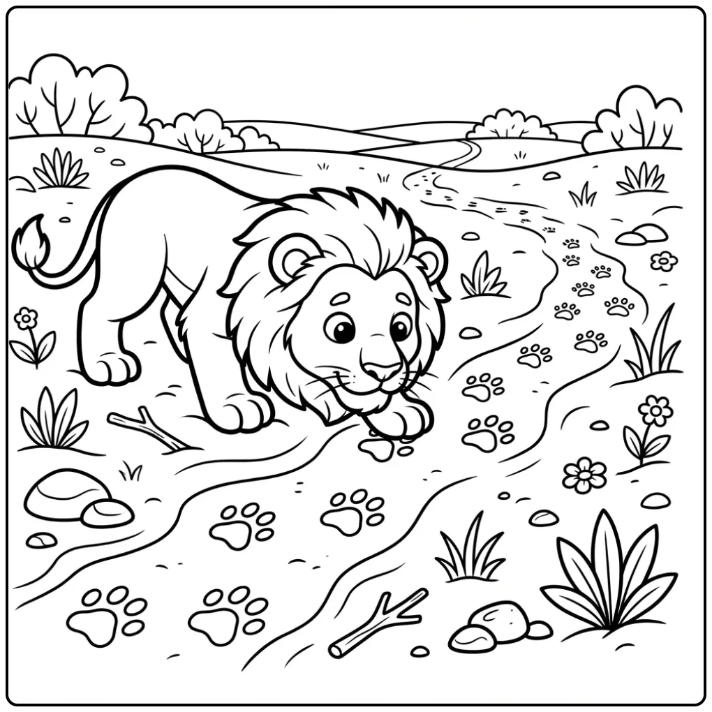 Lion coloring page investigating tracks in the sand