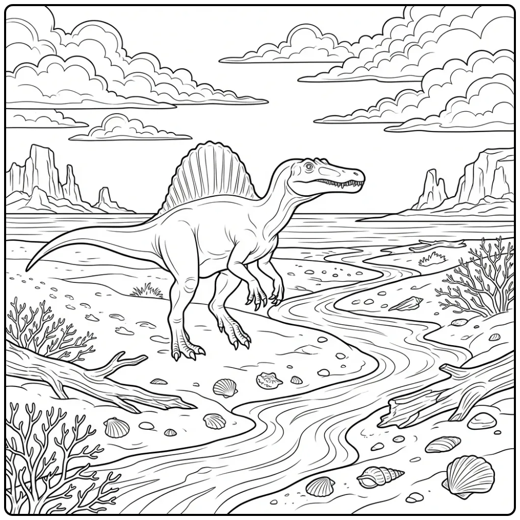 Realistic Spinosaurus coloring page on a sandbank