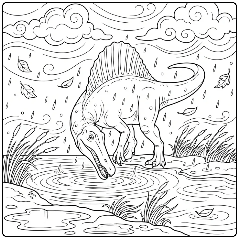 Realistic Spinosaurus coloring page in a rainstorm