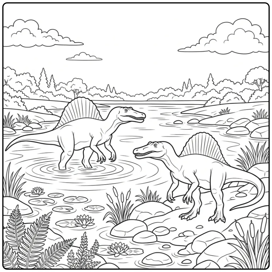 Realistic Spinosaurus coloring page in a river landscape