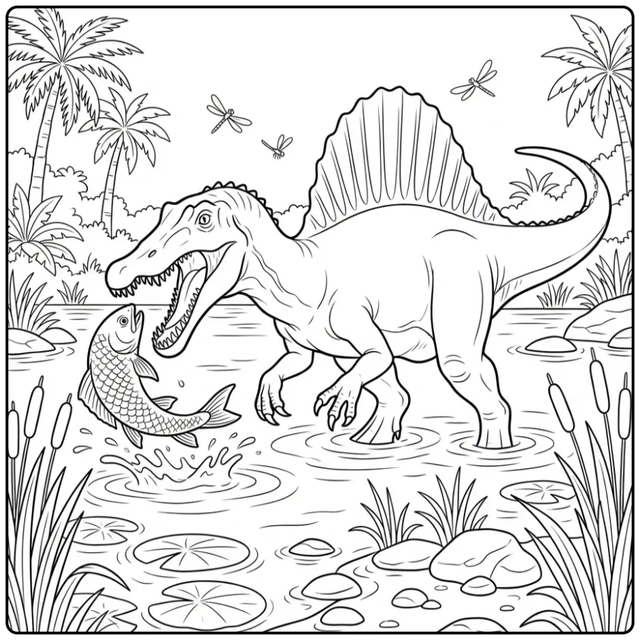 Spinosaurus coloring page fishing in a prehistoric river