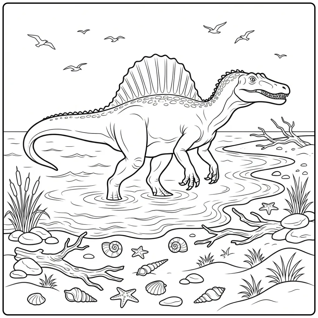 Realistic Spinosaurus coloring page by the water with reeds