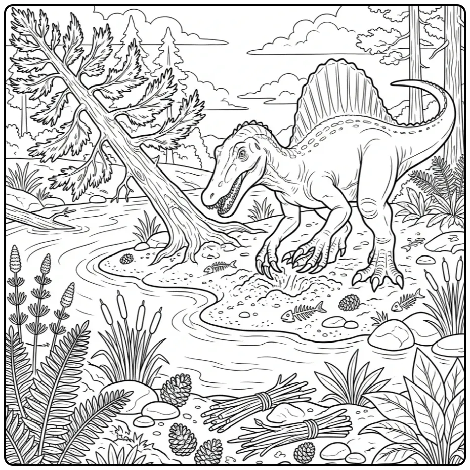 Realistic Spinosaurus coloring page fishing by a river