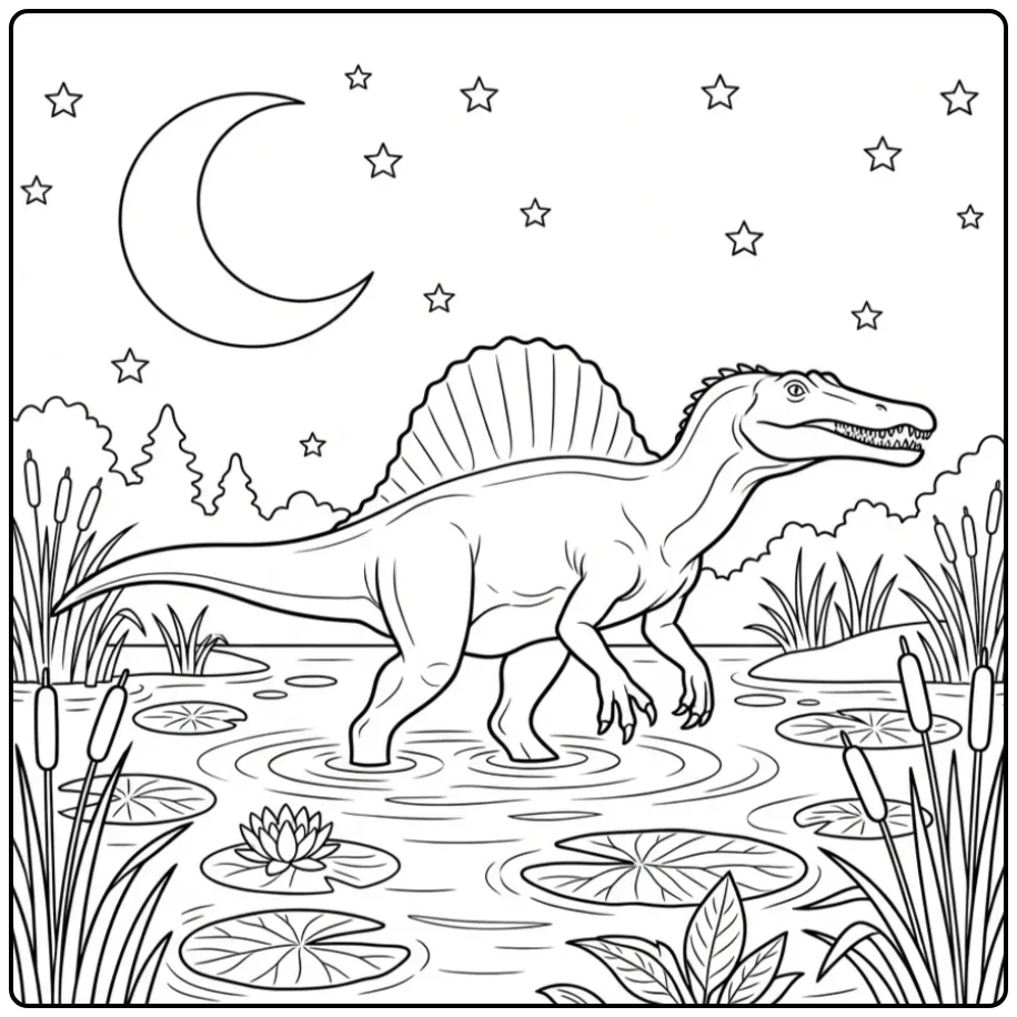 Realistic Spinosaurus coloring page in water at night