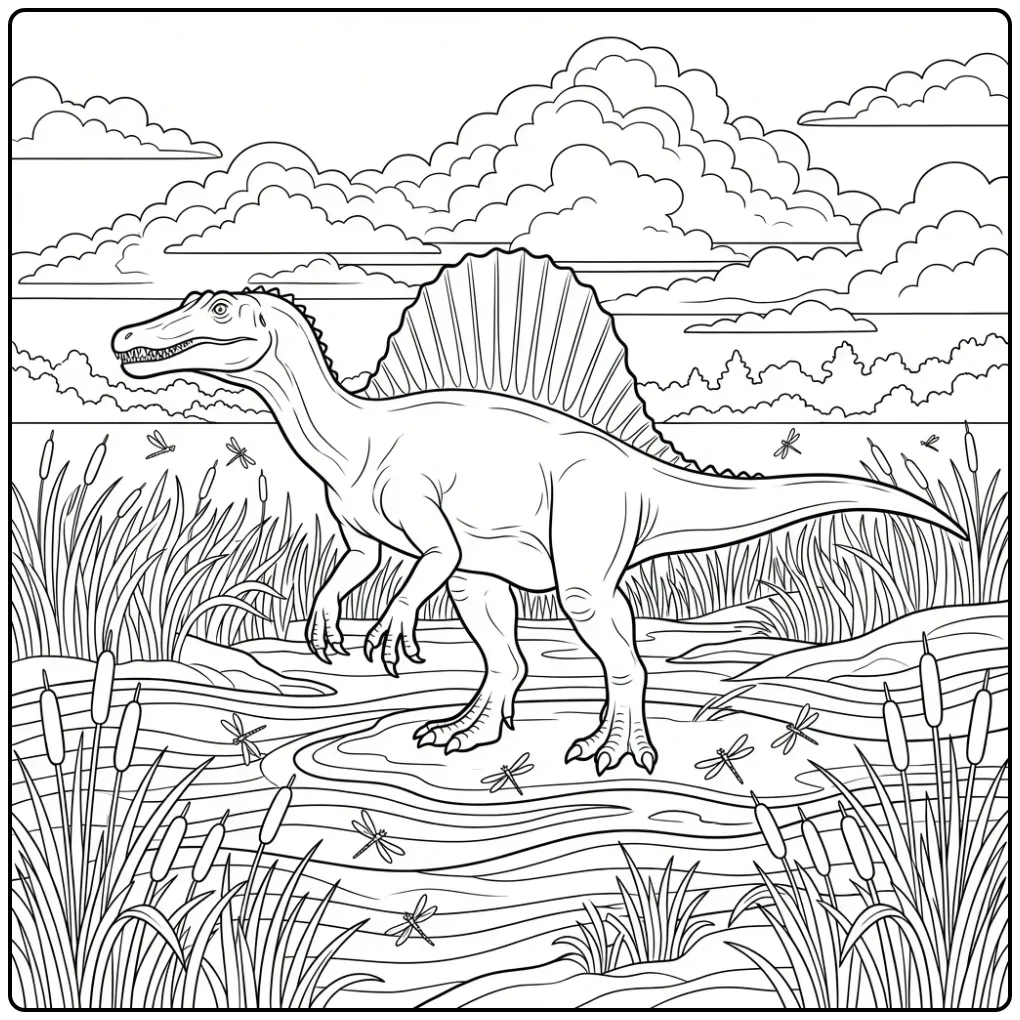 Detailed Spinosaurus coloring page among reeds