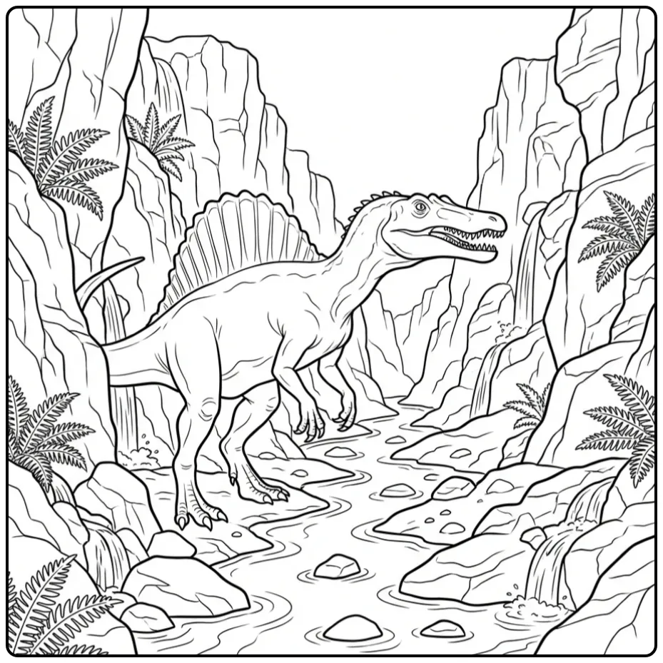 Realistic Spinosaurus coloring page in a river canyon