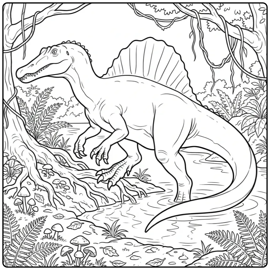 Realistic Spinosaurus coloring page in a swamp setting