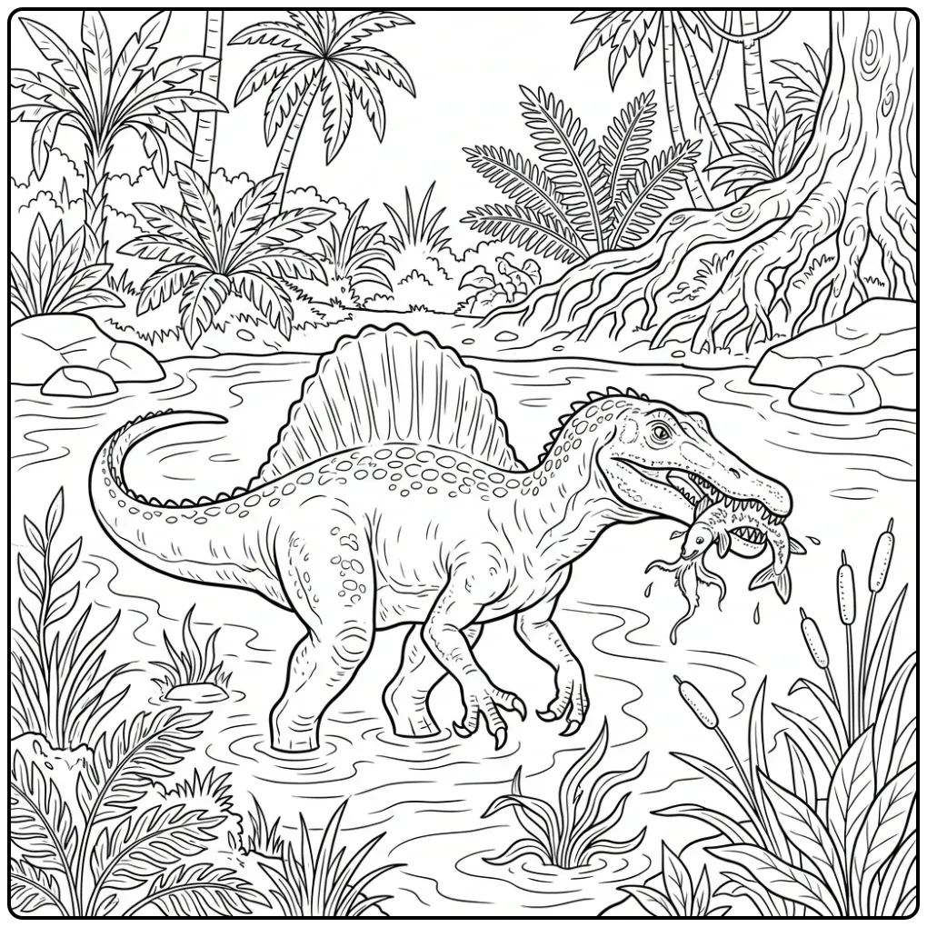 Realistic Spinosaurus coloring page catching a large fish