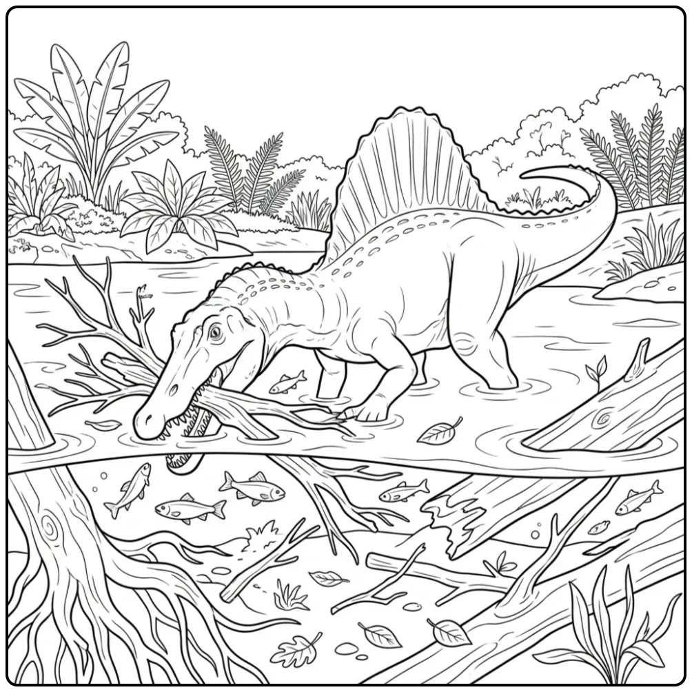 Realistic Spinosaurus coloring page by a tree trunk in water