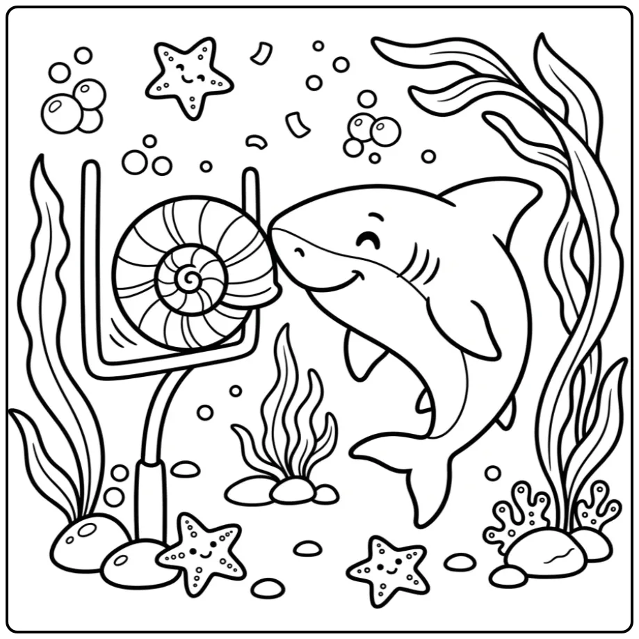 Sporty Shark with a Shell Ball and Seaweed coloring page