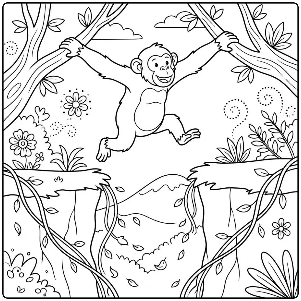 Chimpanzee coloring page among vines