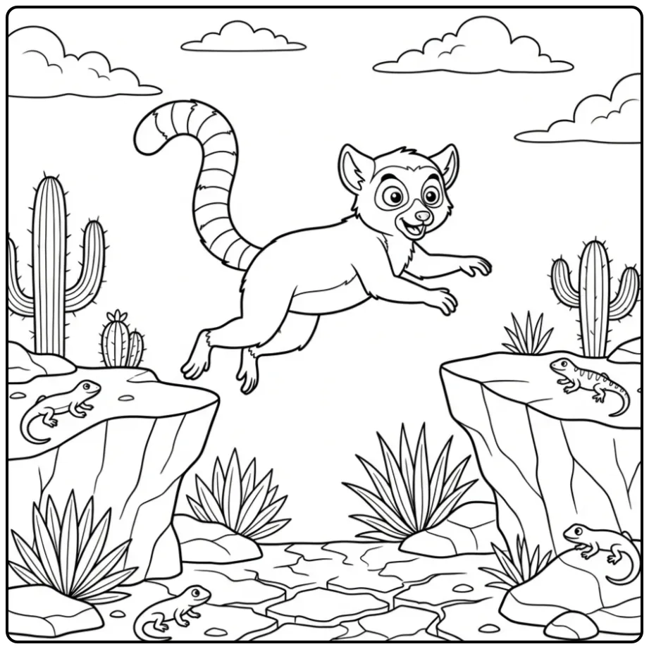 Ring-tailed lemur coloring page featuring a jumping lemur