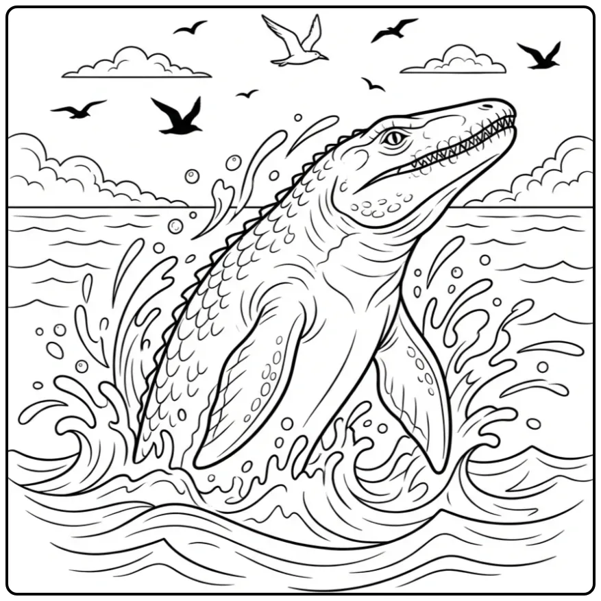 Mosasaurus coloring page jumping out of the water with splashes