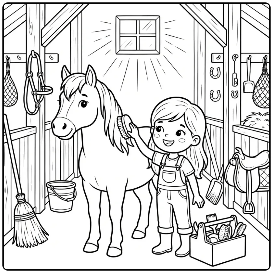 Stable Scene Horse with Girl and Grooming Supplies coloring page