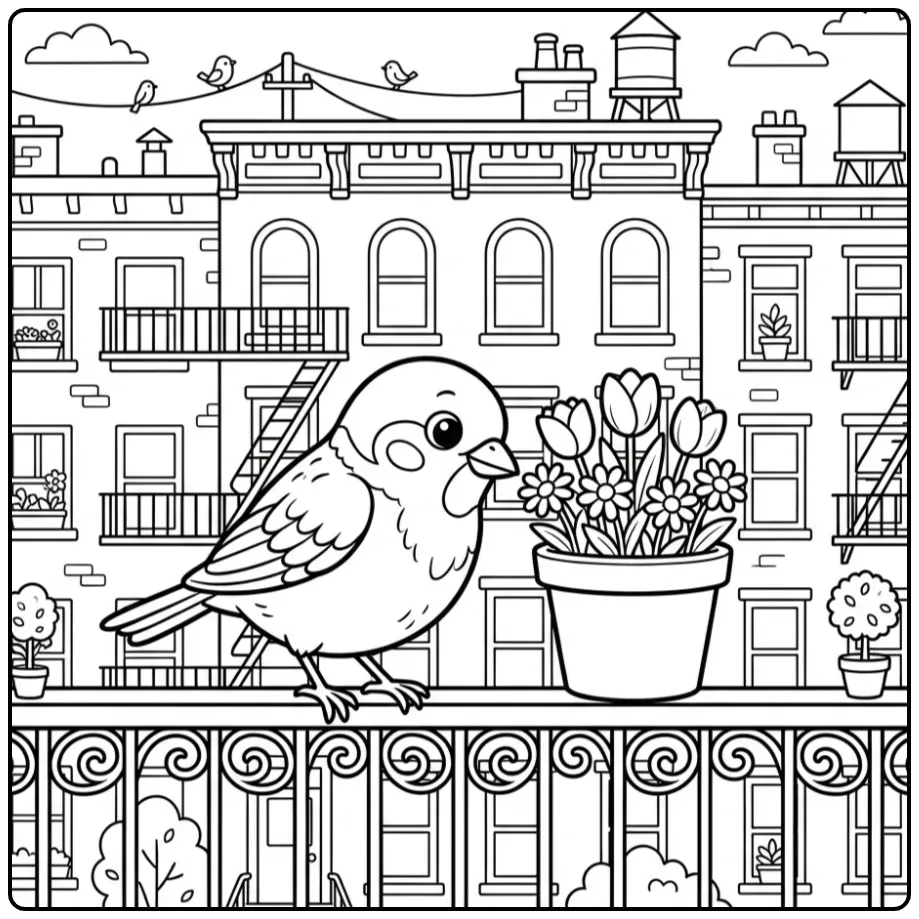 Urban Sparrow Looking Toward a Flower Pot coloring page