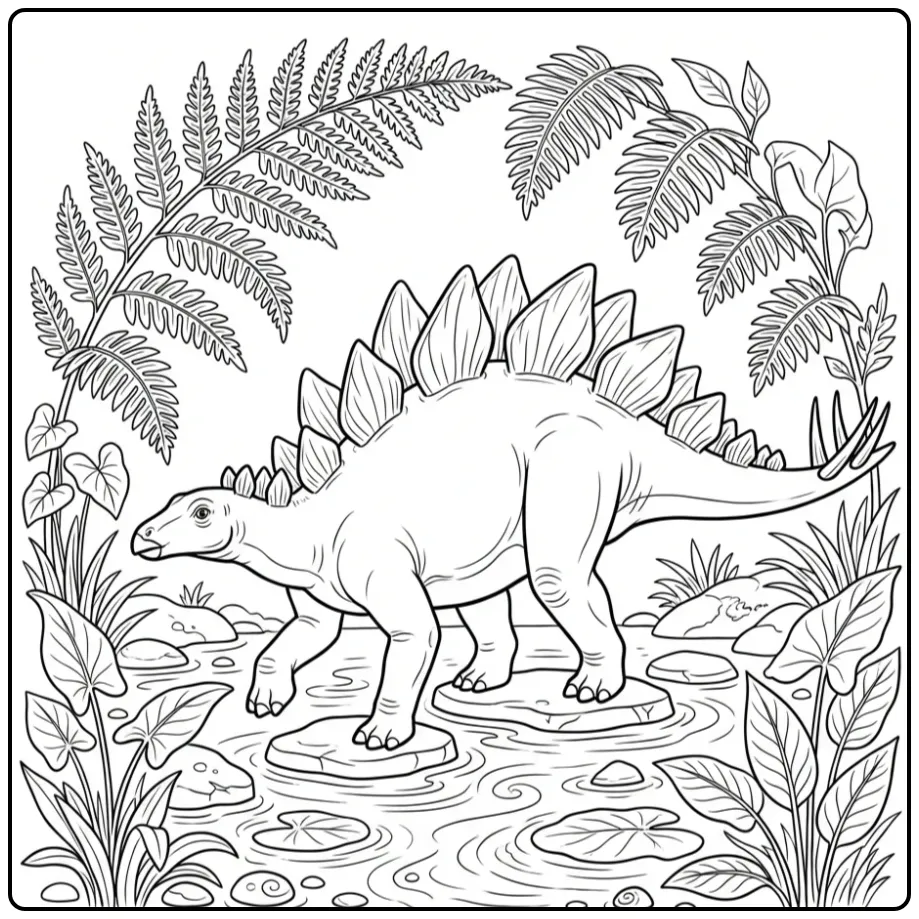 Stegosaurus Dinosaur on Stepping Stones coloring page