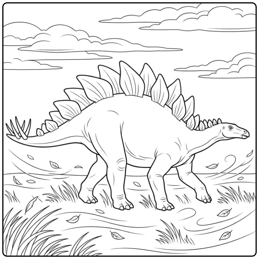 Stegosaurus in a Landscape with Clouds and Wind coloring page
