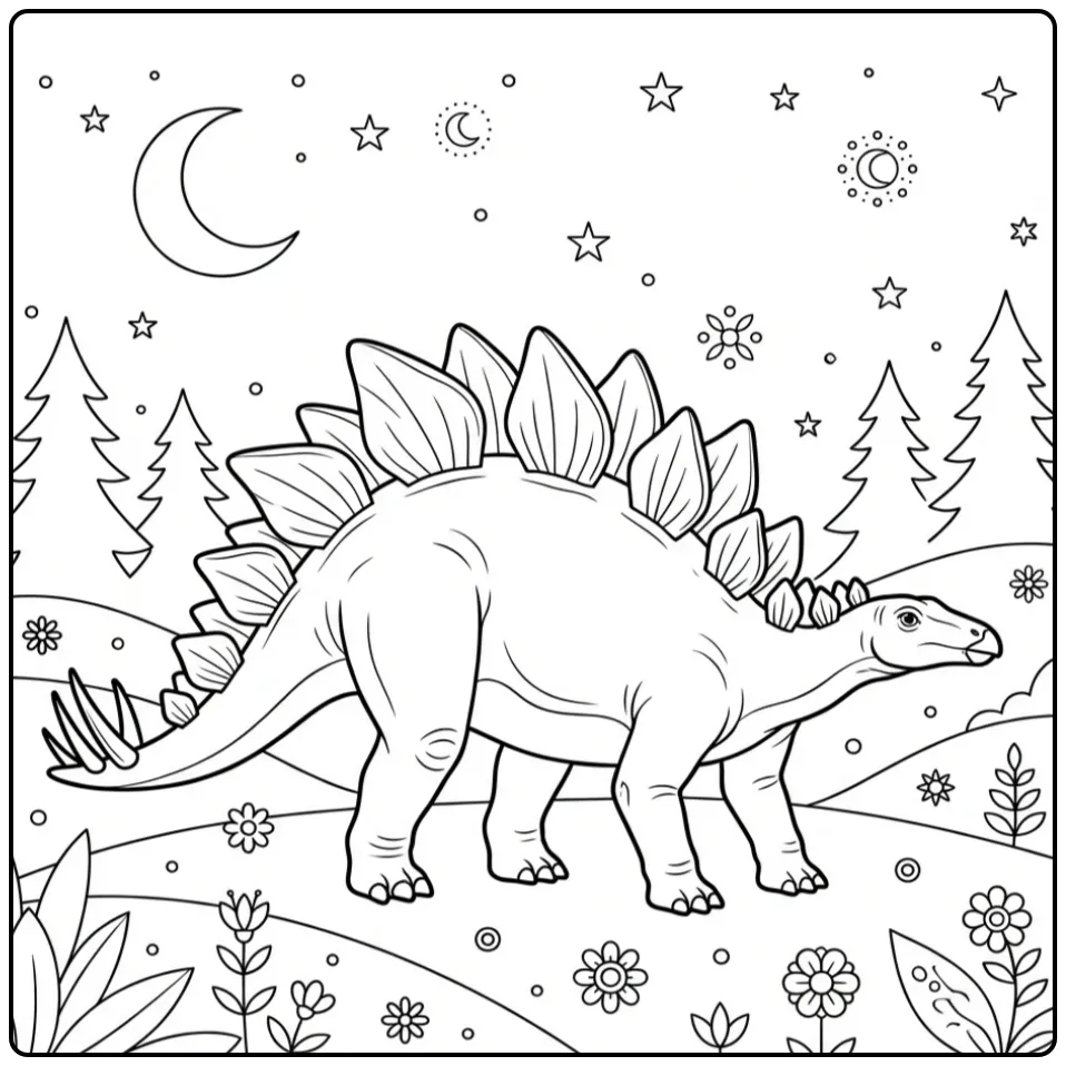 Stegosaurus Moon and Trees in the Night coloring page
