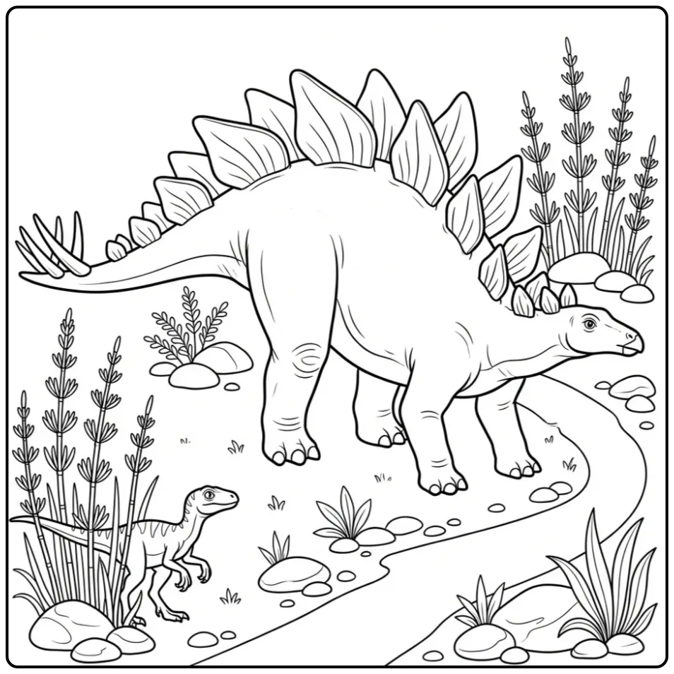 Stegosaurus Prehistoric Plants and Stone coloring page