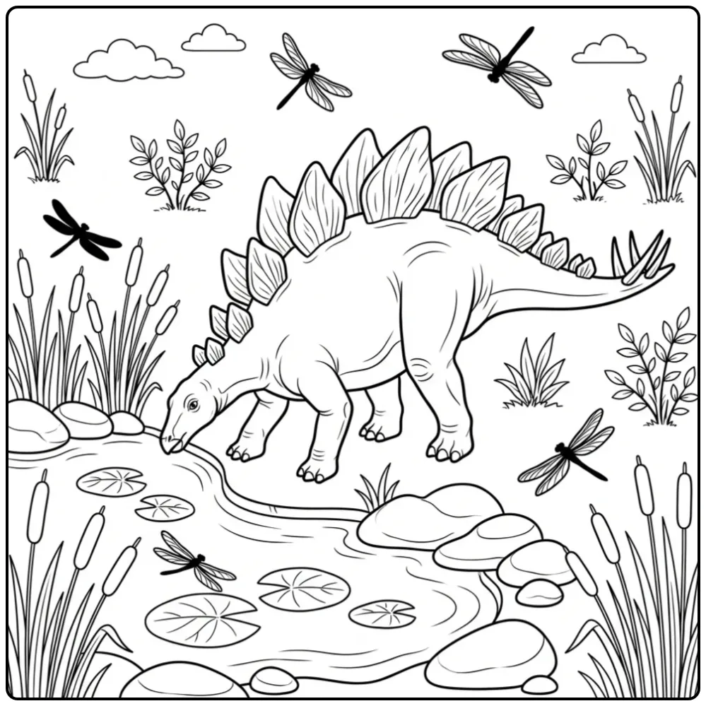 Stegosaurus Pond and Dragonflies coloring page