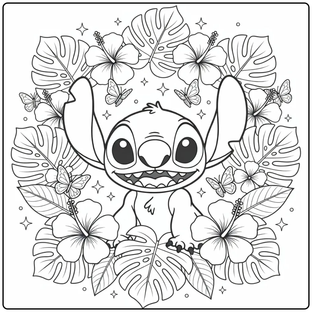 Stitch Head Tropical Monstera Leaves coloring page