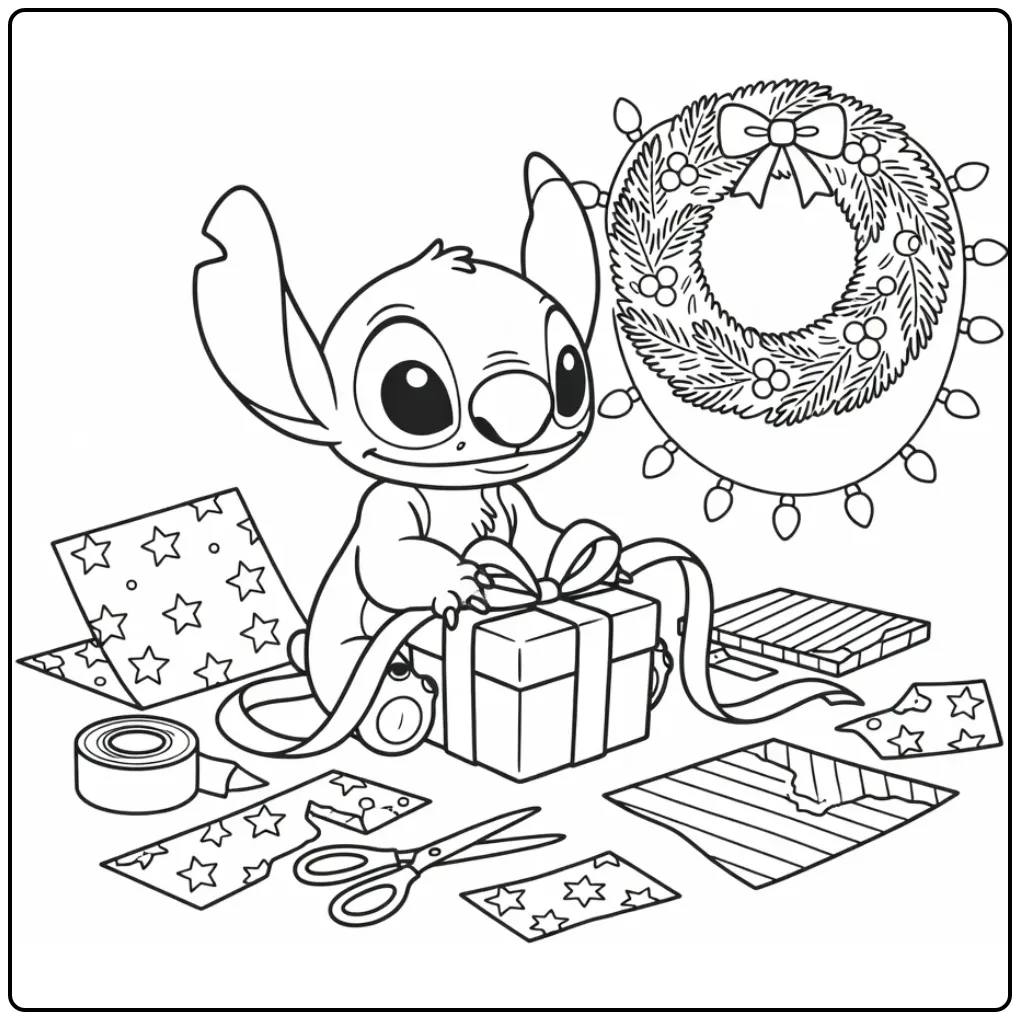 Stitch Christmas Gifts Wrapping with Ribbon coloring page