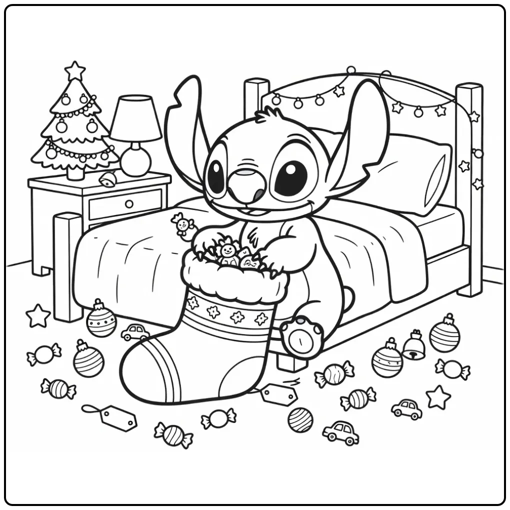 Stitch Christmas coloring page filling a stocking with toys