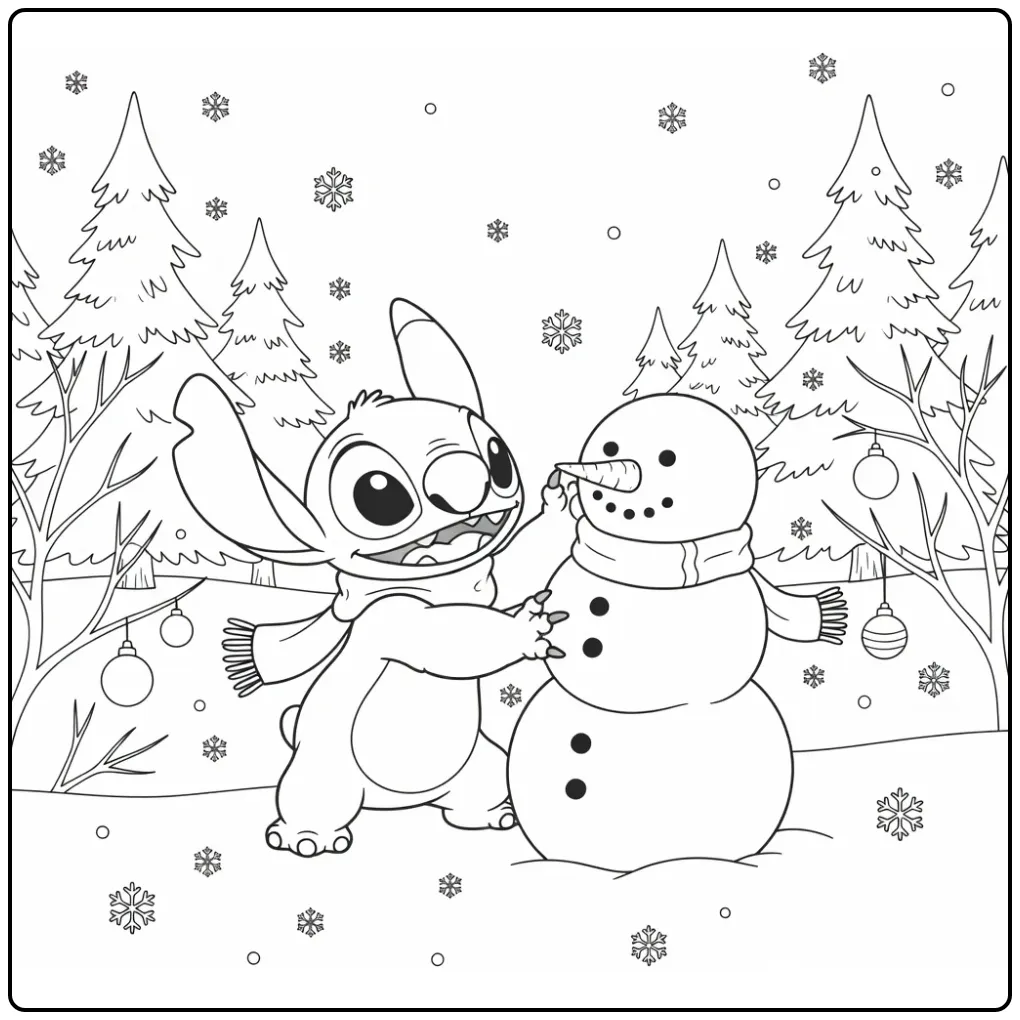 Stitch Christmas Snowman and Pine Trees coloring page