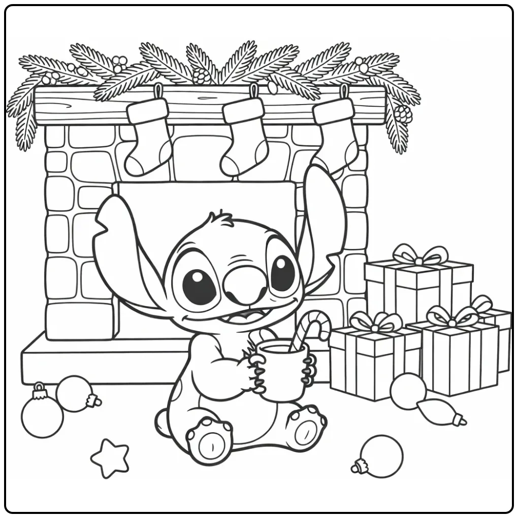 Stitch Christmas Warm Hot Chocolate and Candy Cane coloring page