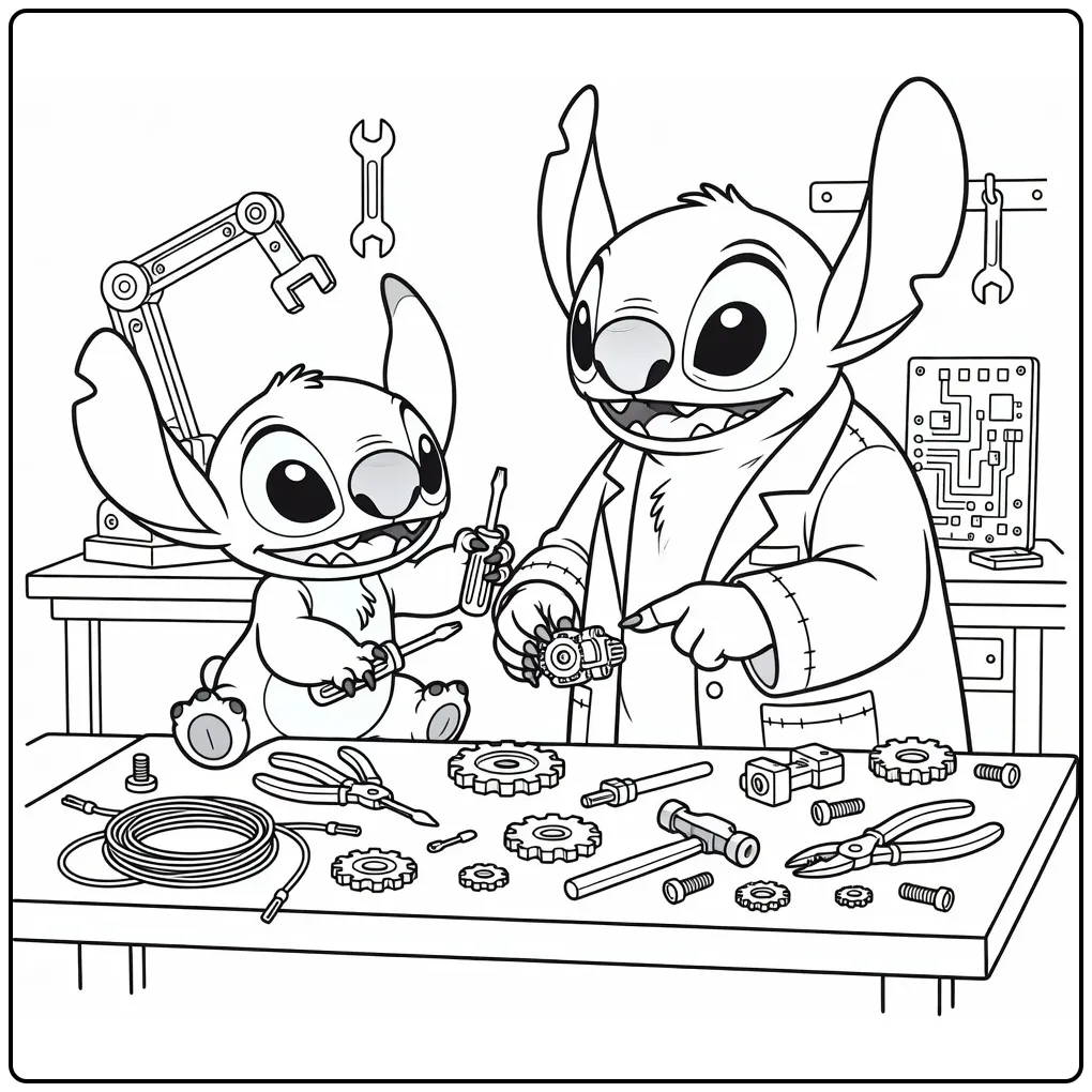 Stitch Repairing an Invention with Jumba coloring page