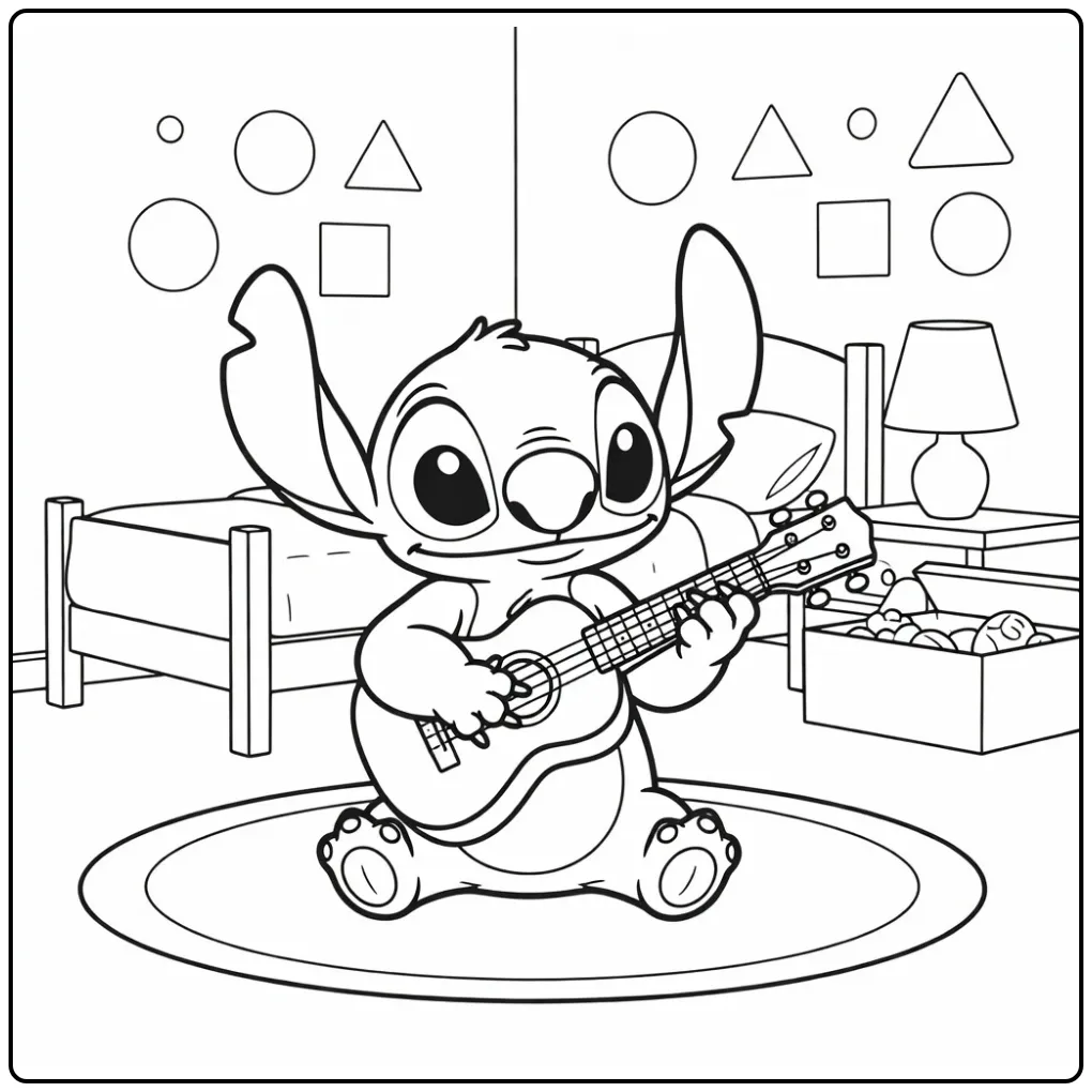 Stitch Playing Ukulele in a Cozy Bedroom coloring page