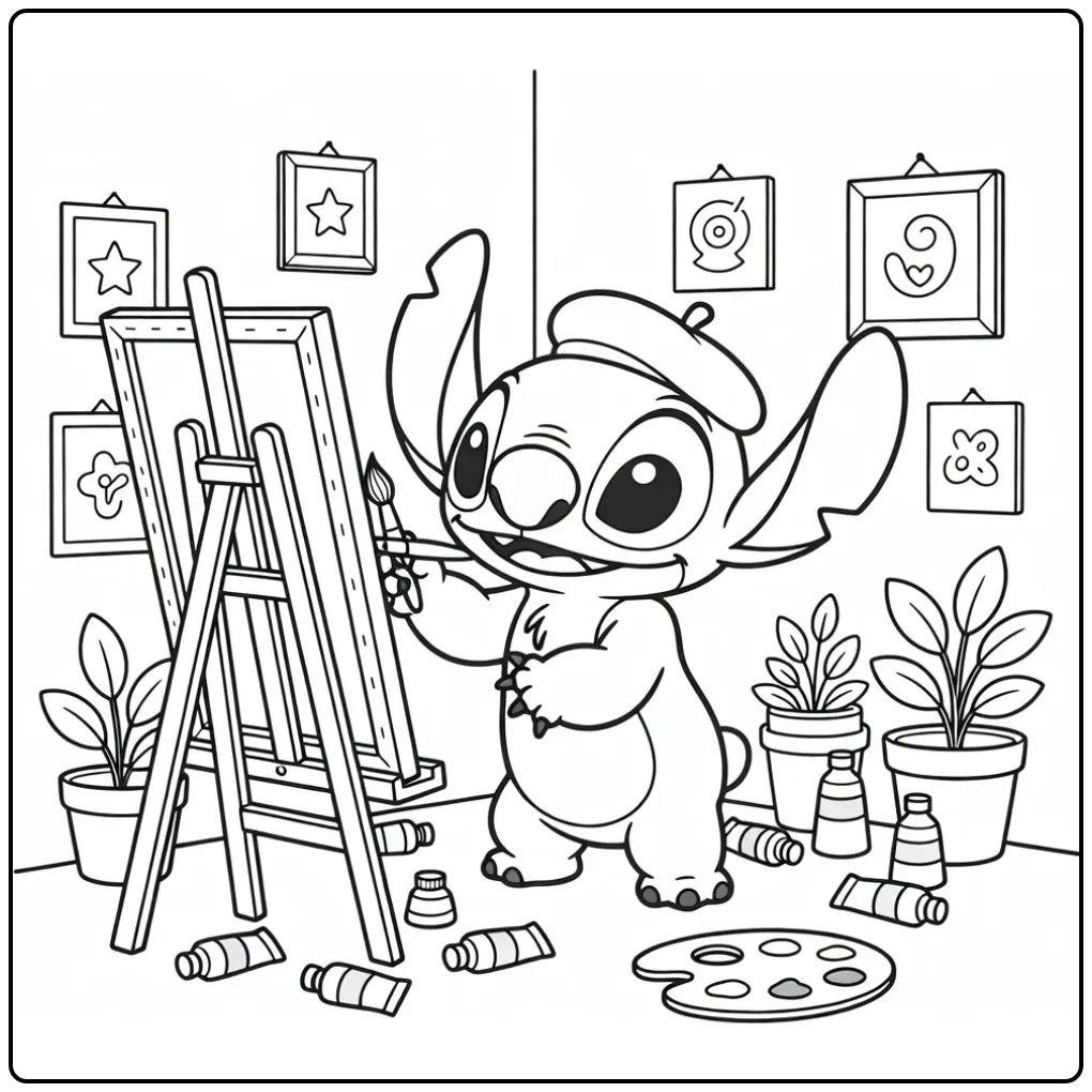 Cute Stitch at the Painting on Canvas coloring page