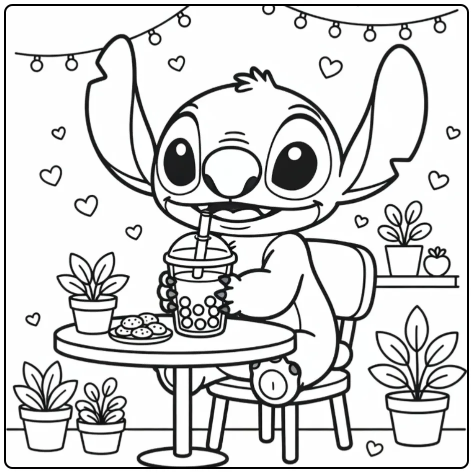 Cute Stitch at Table with Cookies and Tea coloring page