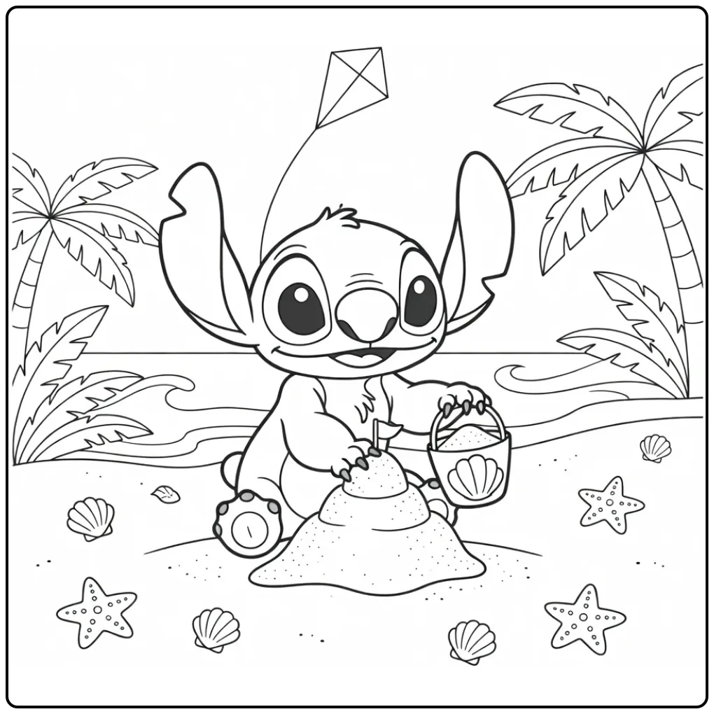 Cute Stitch Building a Sand Castle at Sea coloring page