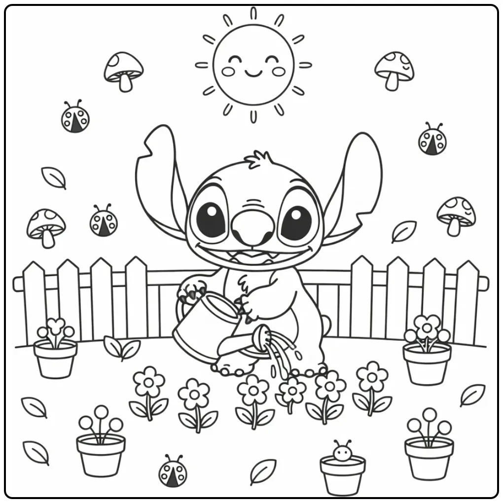 Cute Stitch in the Garden with Smiling Sun coloring page