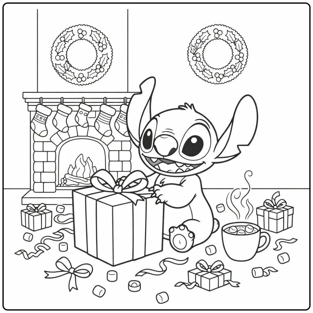 Cute Stitch Christmas with a Large Gift coloring page