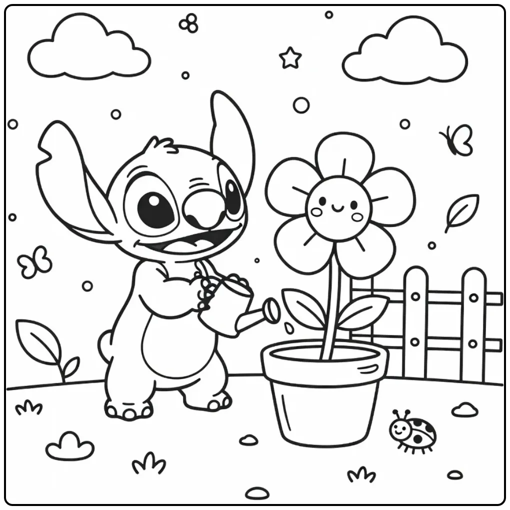 Easy Cute Stitch in the Garden coloring page