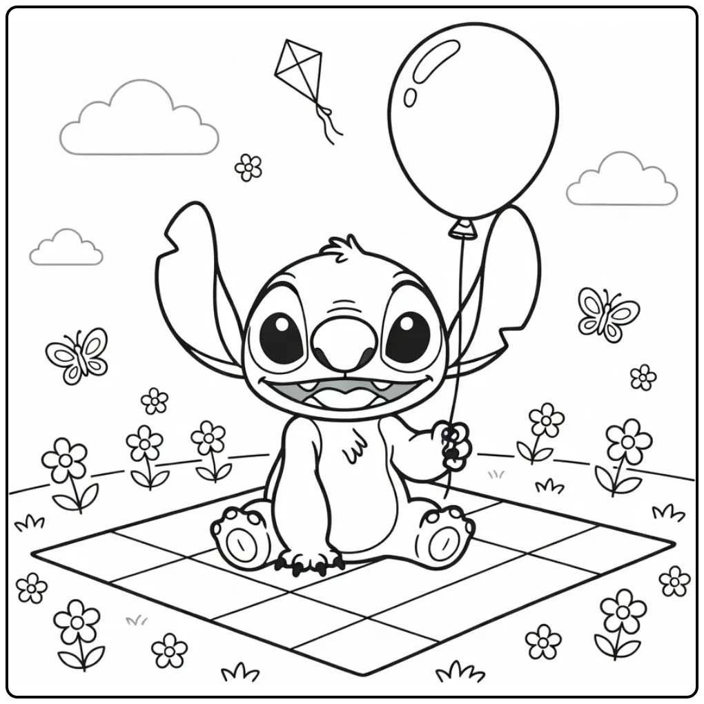 Easy Cute Stitch on Picnic Blanket coloring page