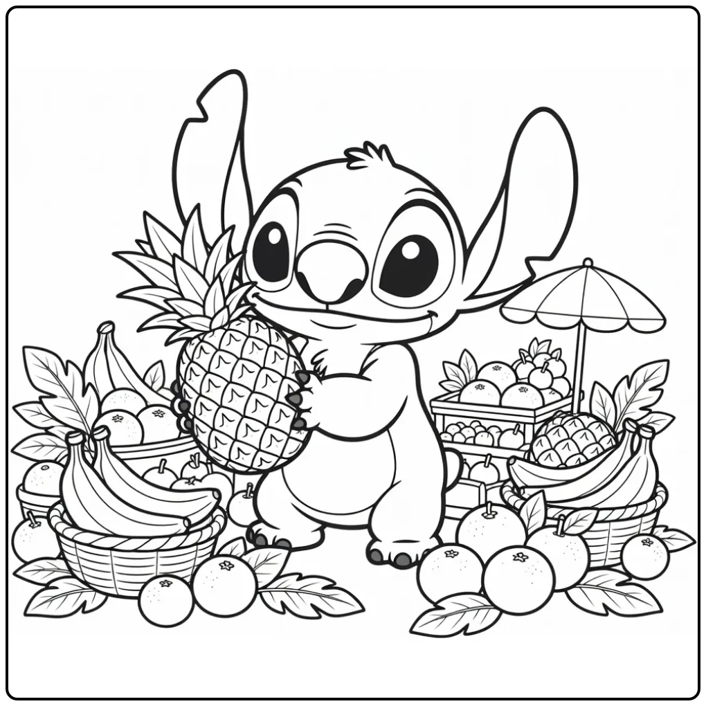 Cute Stitch with a Big Pineapple on the Market coloring page