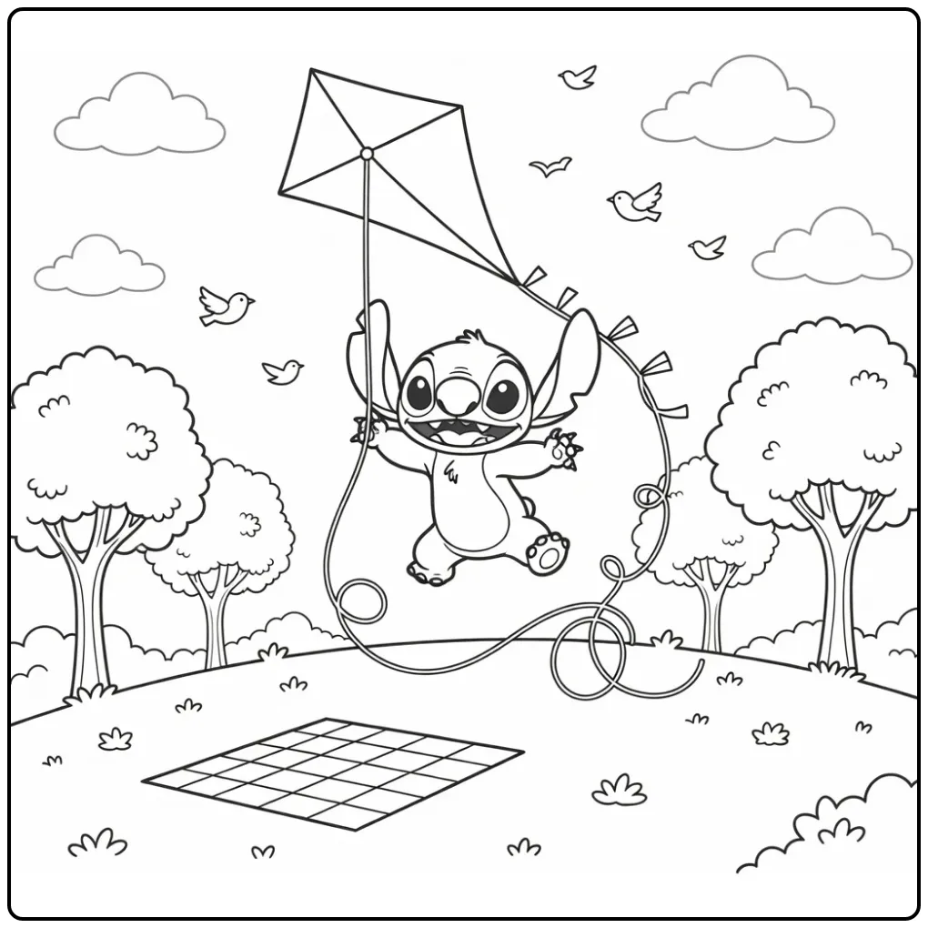 Cute Stitch with a Big Kite coloring page