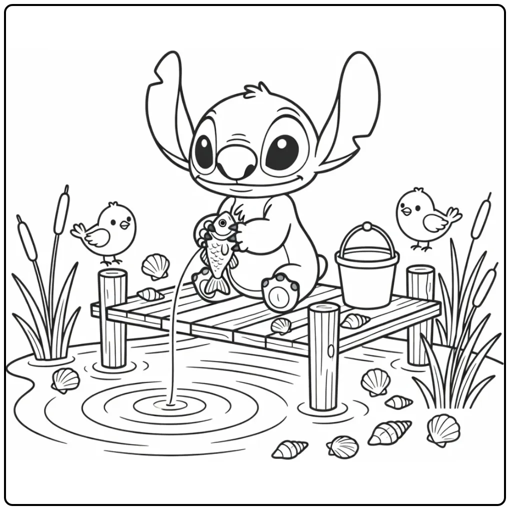 Cute Stitch on Dock with a Fish coloring page