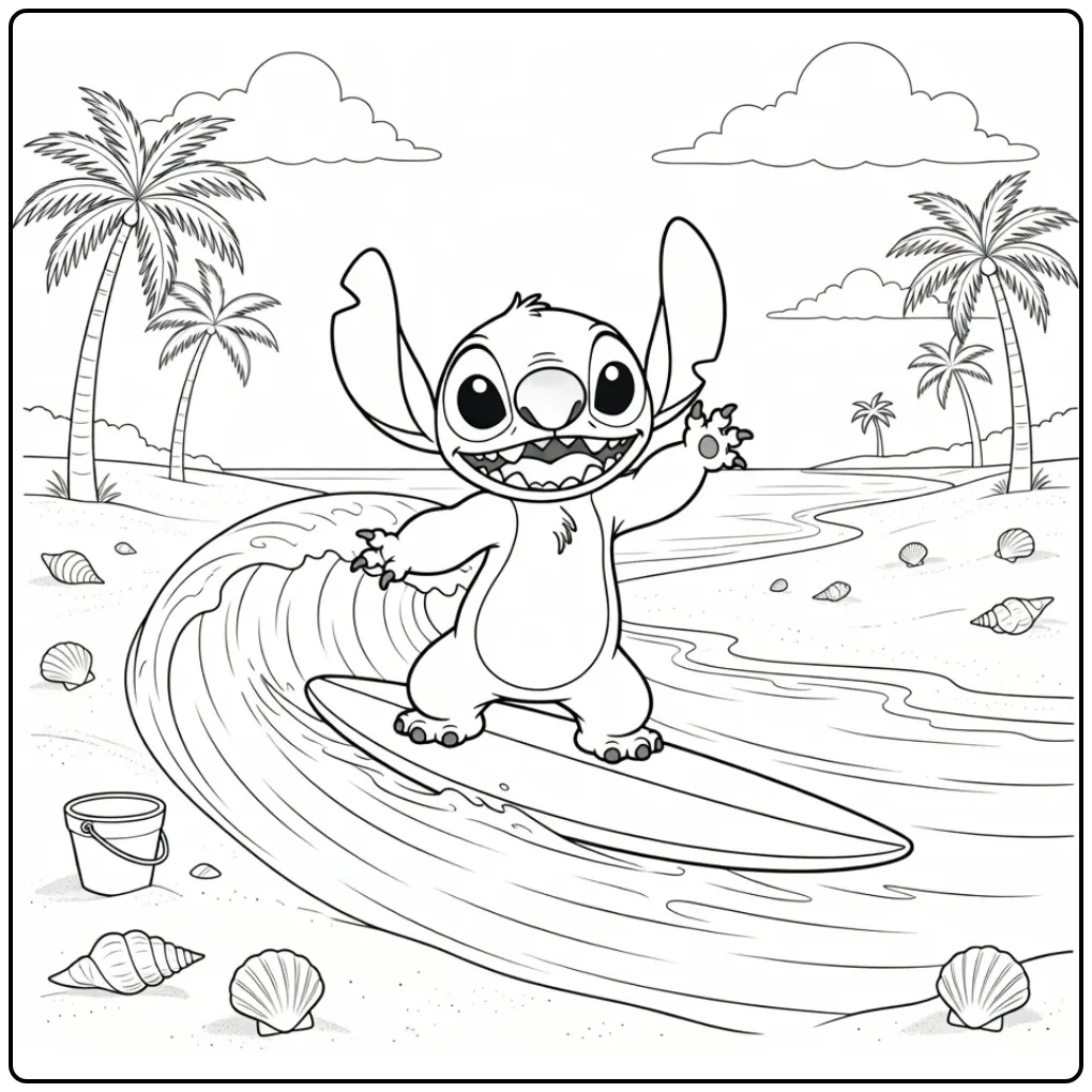 Stitch Surfing with Palm Trees and Sea coloring page