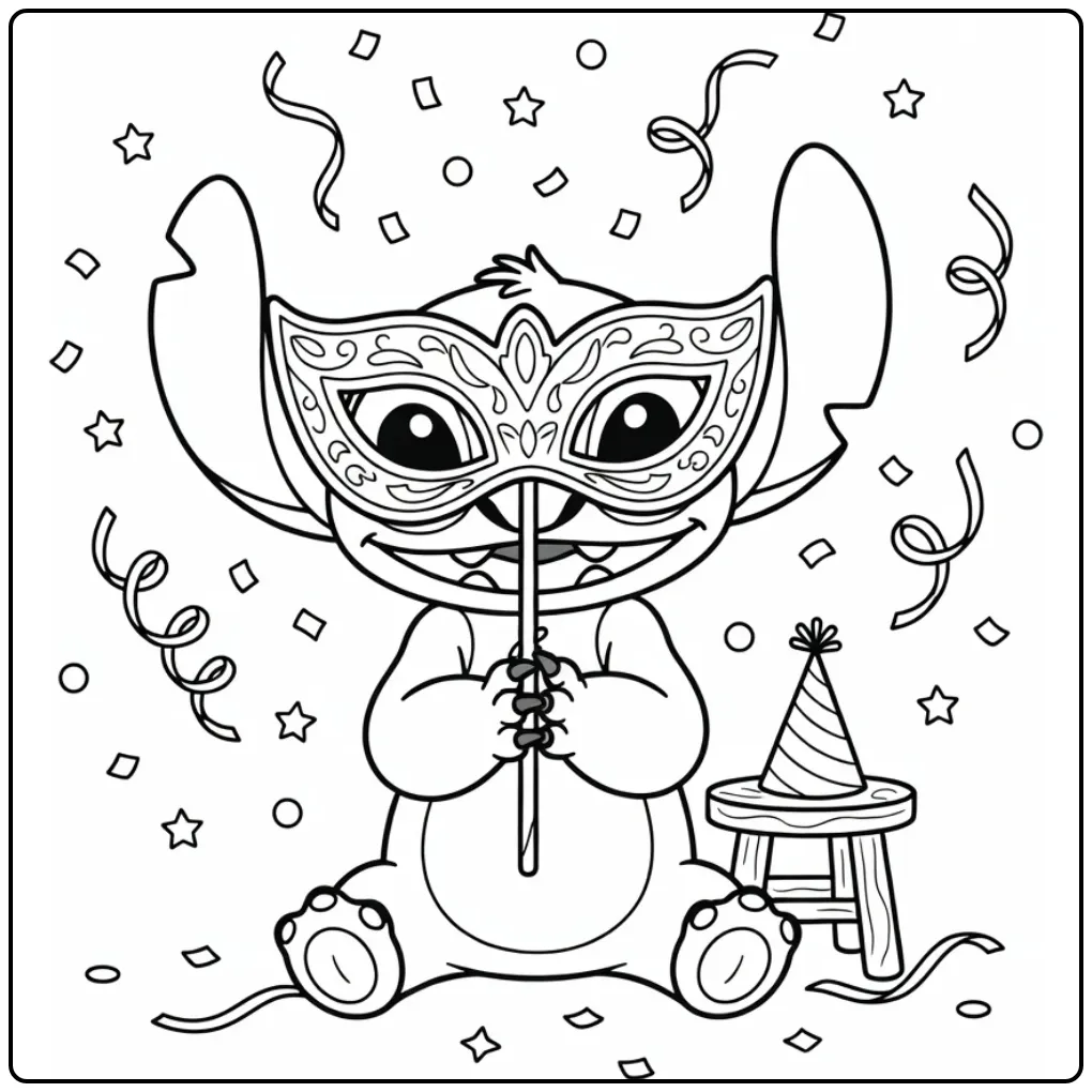 Stitch Mask Party Hat and Streamers coloring page