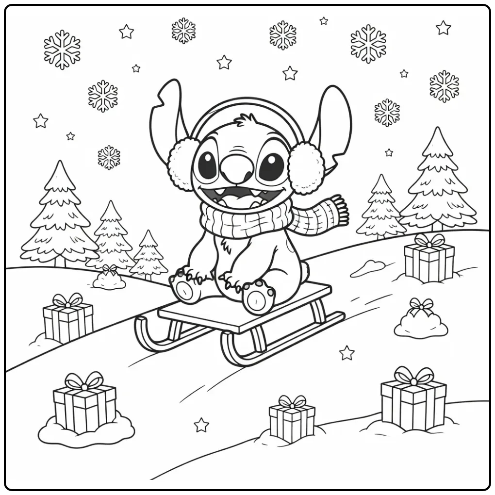 Fun Stitch Christmas on a Sleigh coloring page