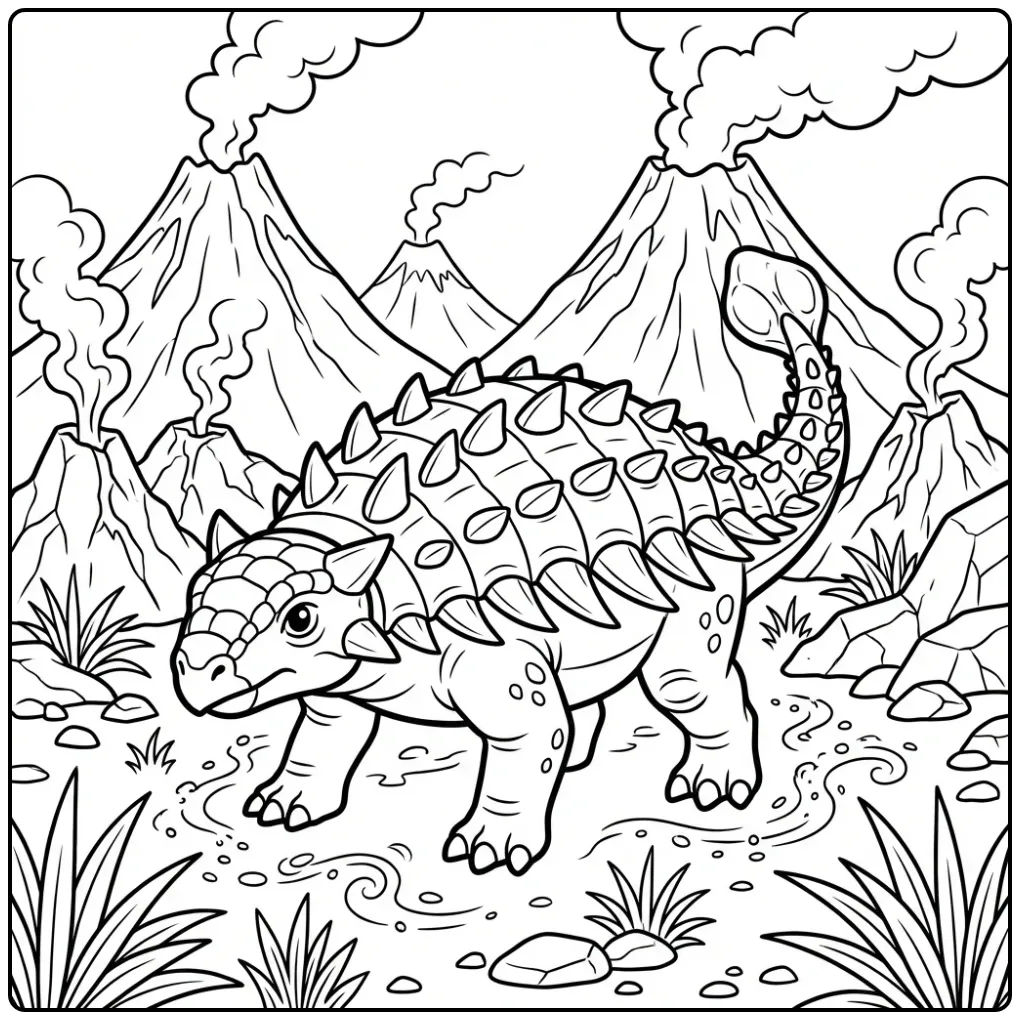 Detailed Ankylosaurus coloring page with a volcano