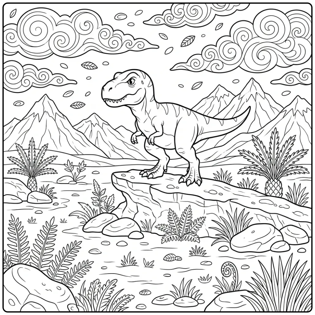 Cute baby T. Rex coloring page on a rocky hill