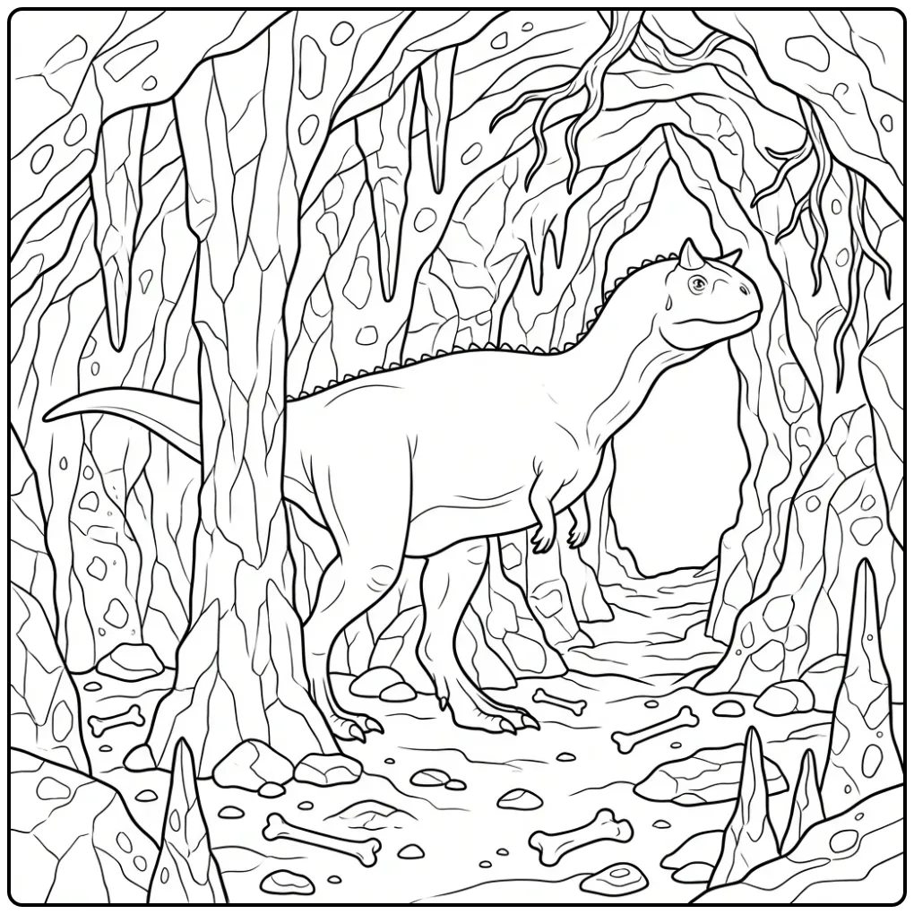 Carnotaurus coloring page with stalactites and bones