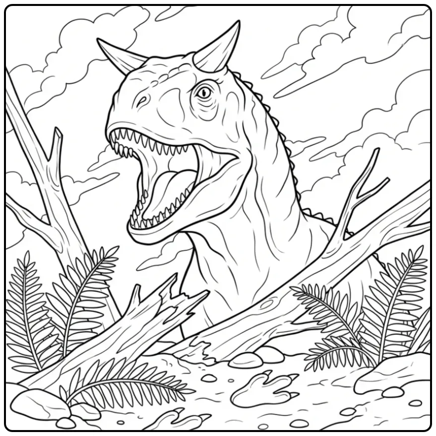 Roaring Carnotaurus coloring page with horns and ferns