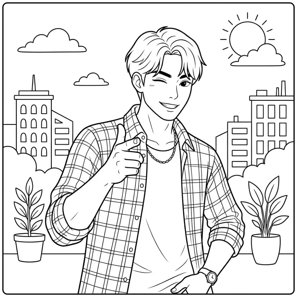 Tough Jinu KPop Demon Hunters in the City coloring page