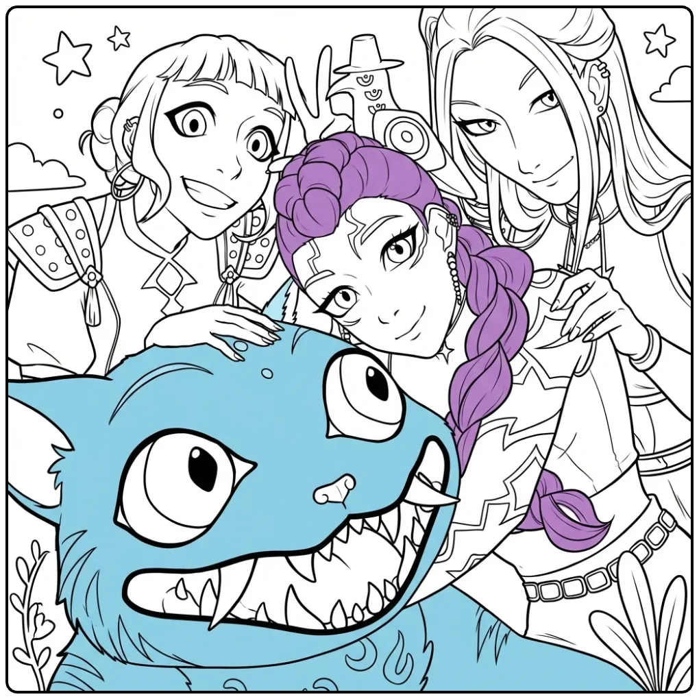 Tough KPop Demon Hunters and Their Creature coloring page